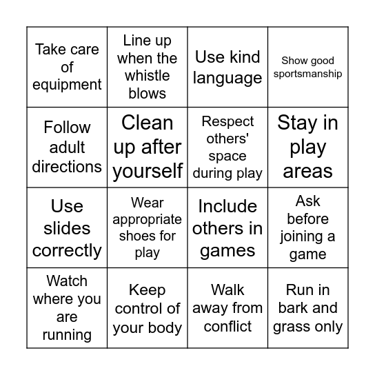 3Bs Playground / Field Expectations Bingo Card