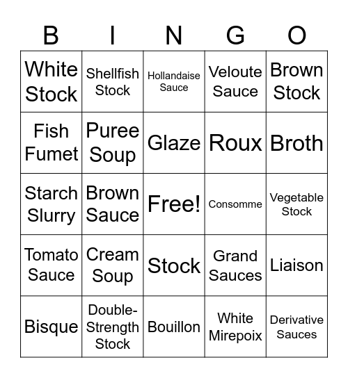 Stocks, Sauces, and Soups Bingo Card