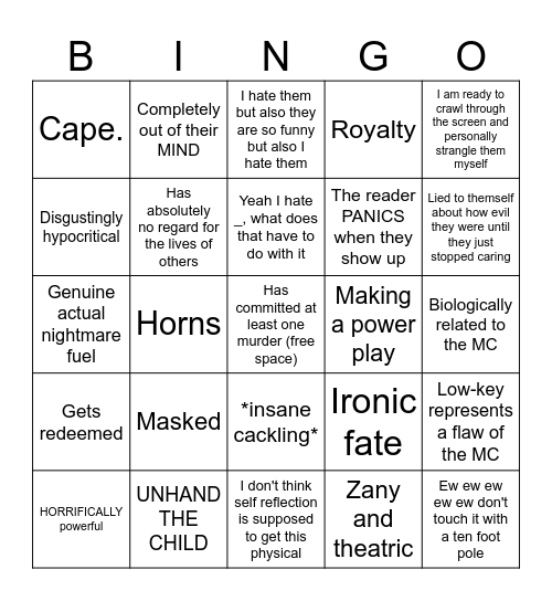 Bingo: Villain edition Bingo Card