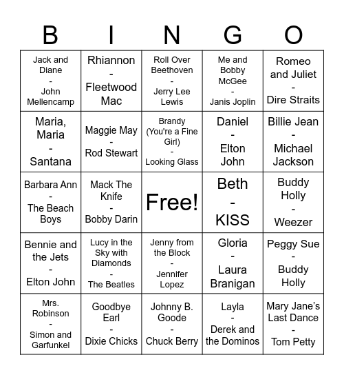 First Name Basis Bingo Card
