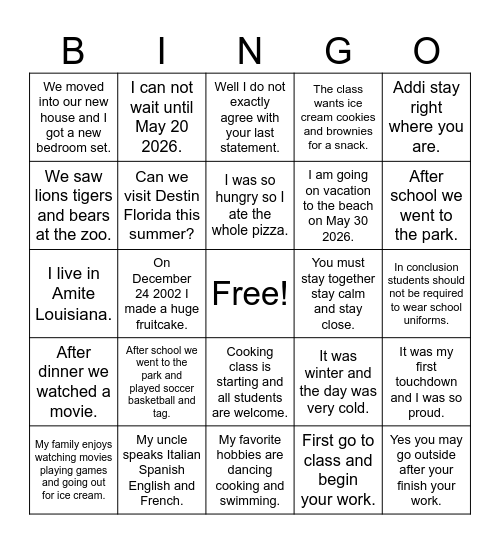 Comma Rules Bingo Card