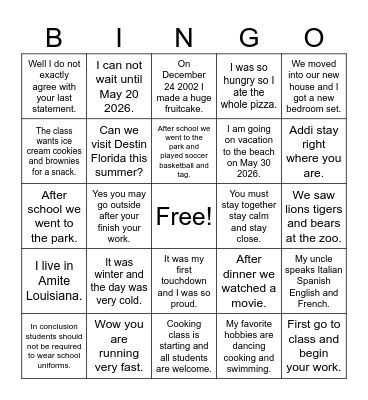 Comma Rules Bingo Card