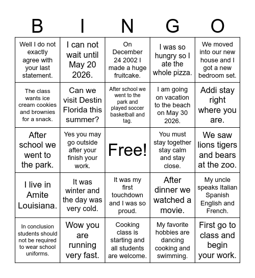 Comma Rules Bingo Card