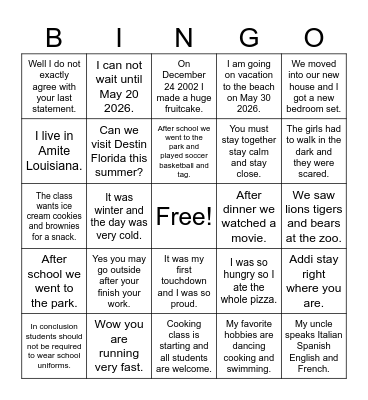 Comma Rules Bingo Card