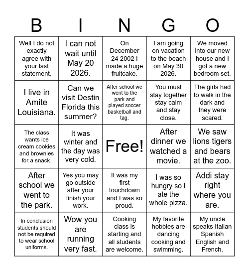 Comma Rules Bingo Card