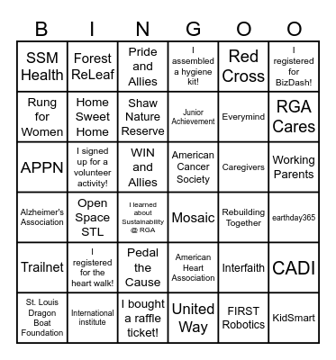 RGA Community Impact Fair Bingo Card