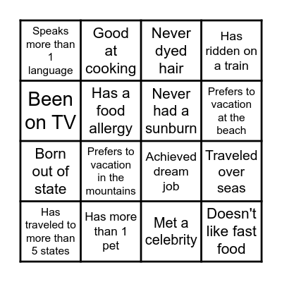 Get to Know You Bingo! Bingo Card
