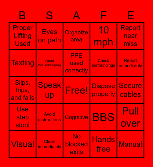 Housekeeping/Distracted Driving Bingo Card