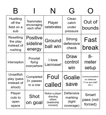 Lacrosse Bingo Card