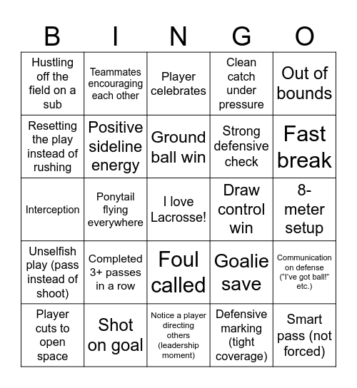 Lacrosse Bingo Card