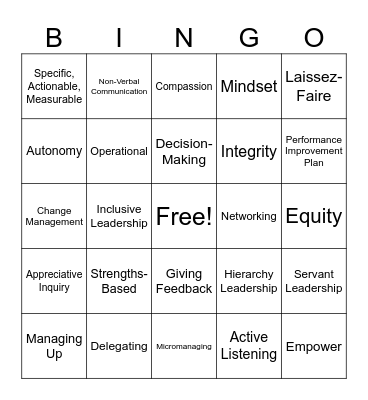 Leadership Development Bingo Card