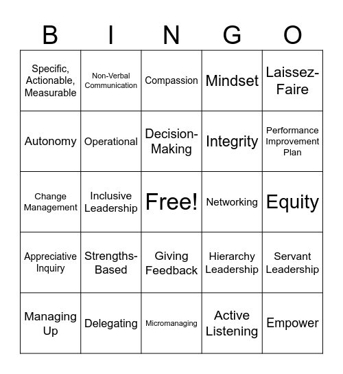 Leadership Development Bingo Card