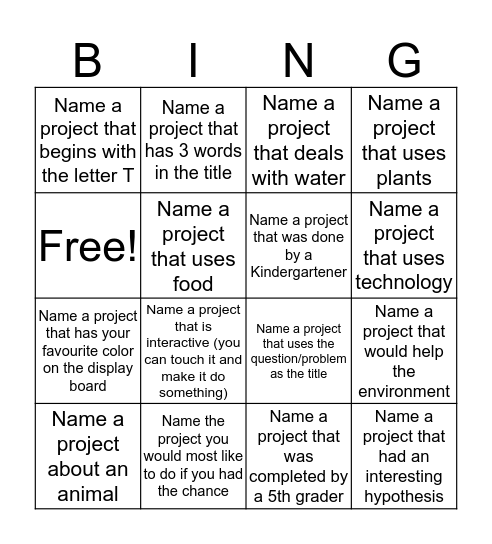 Science Fair Scavenger Hunt  Bingo Card