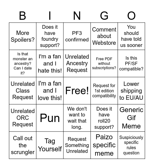 Paizo Social Media Bingo Card