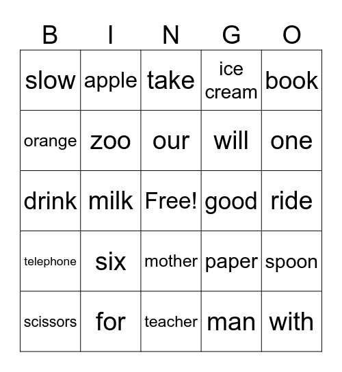 Lesson 93-103 Bingo Card