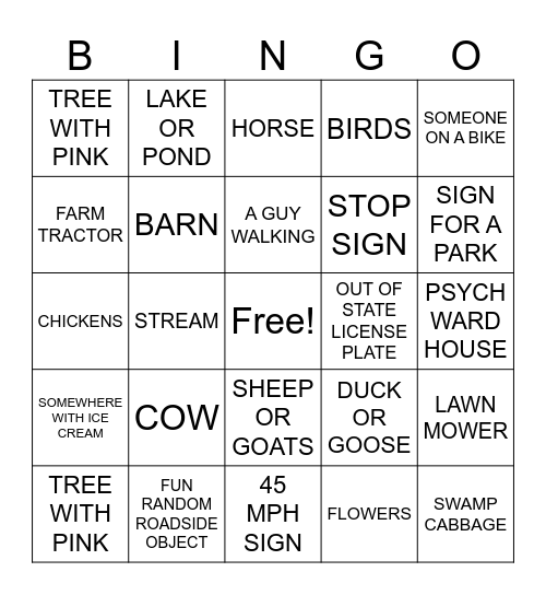 CAR RIDE BINGO Card