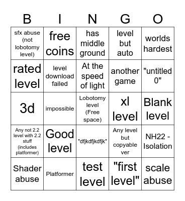 Geometry Dash 2.2 Recent Tab Bingo Card