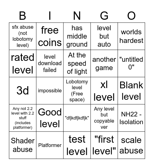 Geometry Dash 2.2 Recent Tab Bingo Card