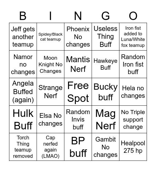 Rivals Patch Notes Bingo Card