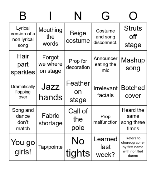 Dance Competition Bingo Card