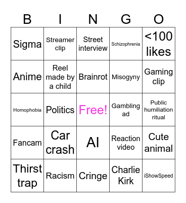 Instagram Reel Bingo Card
