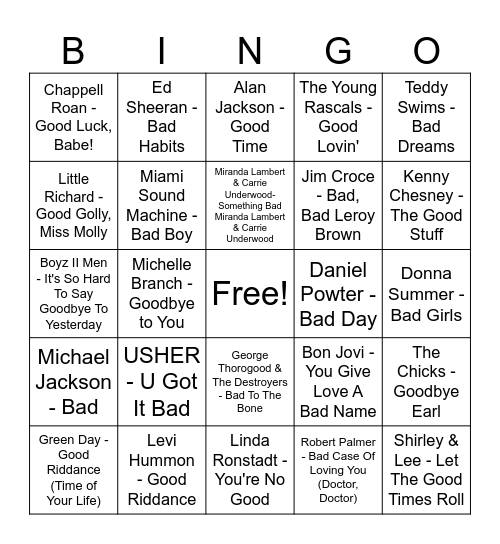 Good to be Bad- Double Bingo Card