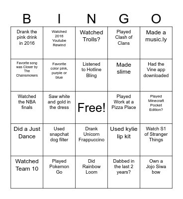 2016! Bingo Card