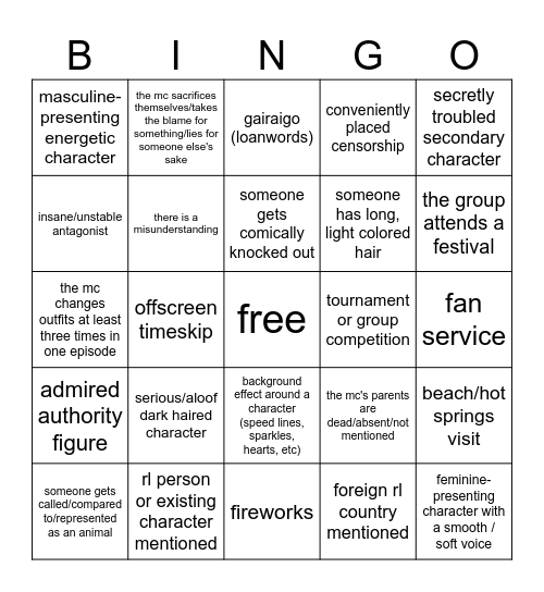 Anime Bingo Card