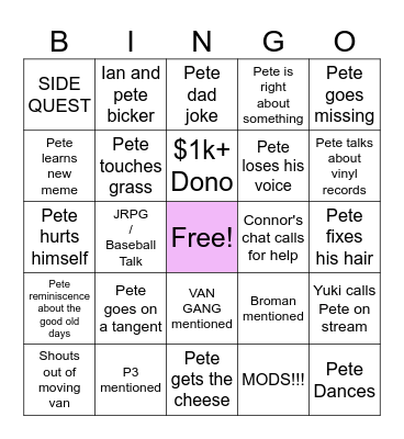 Premier Two Van Gang Day 1 Bingo Card