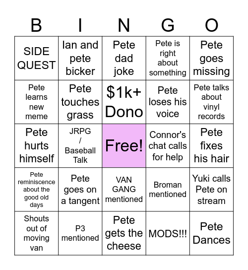 Premier Two Van Gang Day 1 Bingo Card