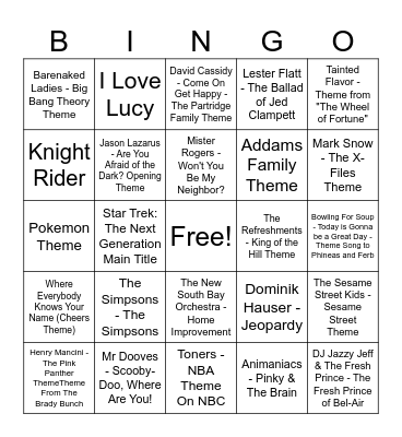 TV Theme Songs- Double Bingo Card