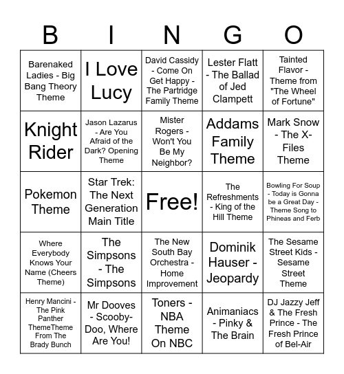 TV Theme Songs- Double Bingo Card