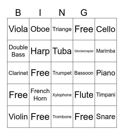 Orchestra Instruments Bingo Card