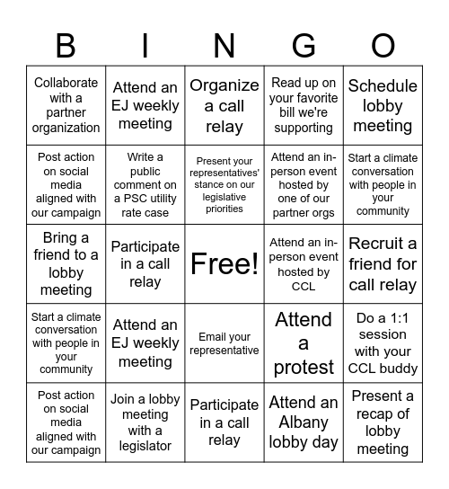 CCL EJ Campaign Bingo Card
