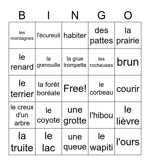 Les Animaux Bingo Card