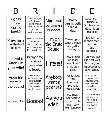 The Princess Bride Bingo Card