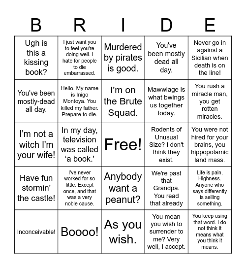 The Princess Bride Bingo Card