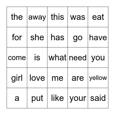 Sight Words Bingo Card