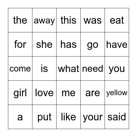 Sight Words Bingo Card