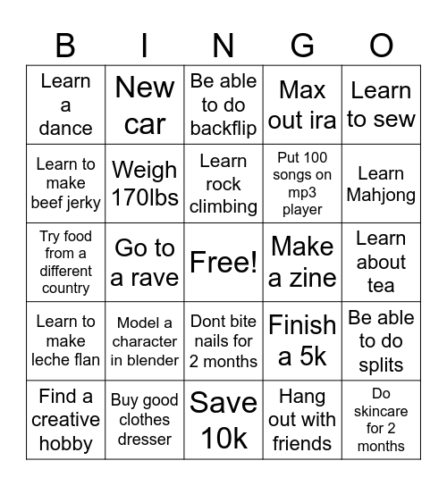 New Year Bingo Card