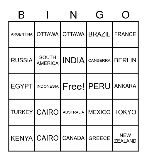 World Geography Bingo Card