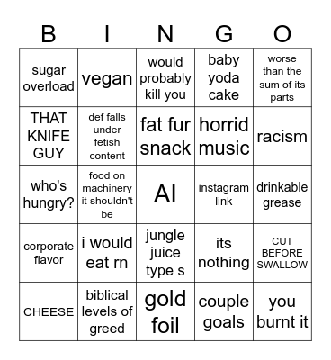 stupid food Bingo Card
