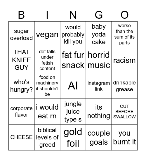 stupid food Bingo Card