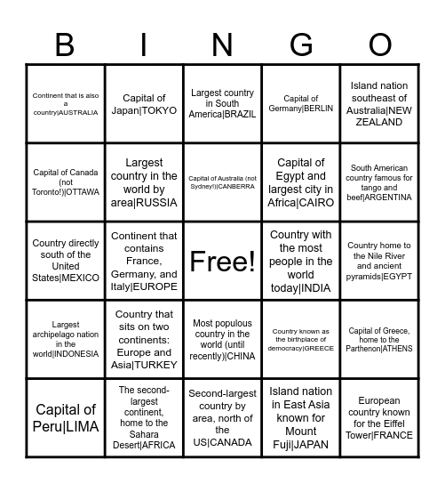 World Geography Bingo Card