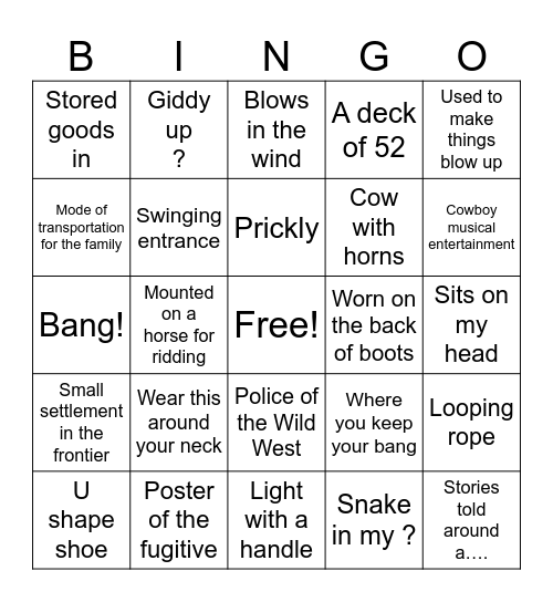Best in the West Cowboy Bingo Card