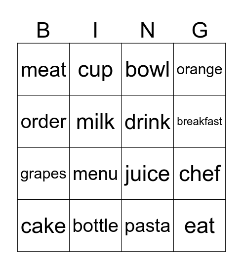 Restaurant Bingo Card