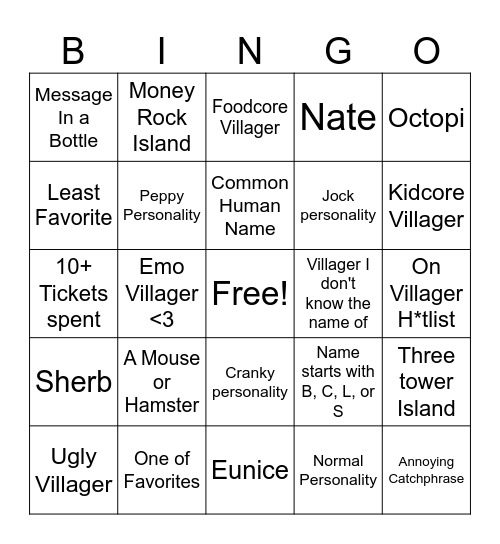 Villager Hunt Bingo! Bingo Card