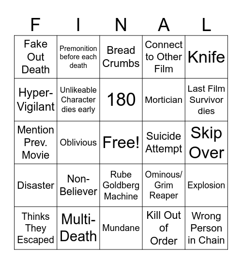 Final Destination Bingo Card