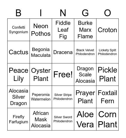Plant Bingo Card