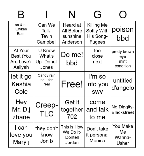 90's R&B Bingo Card